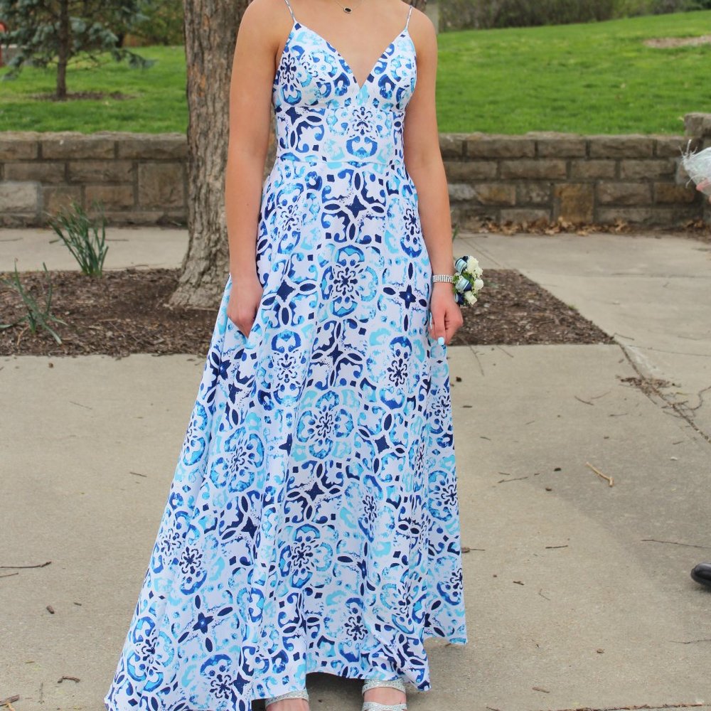 Betsy & Adam Blue and White Floral Prom Dress